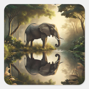 An Elephant's Reflection Square Sticker