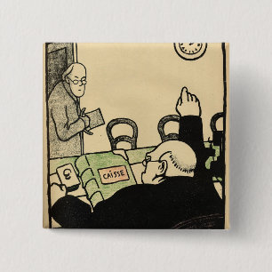 An employer sacks one of his employees pinback button