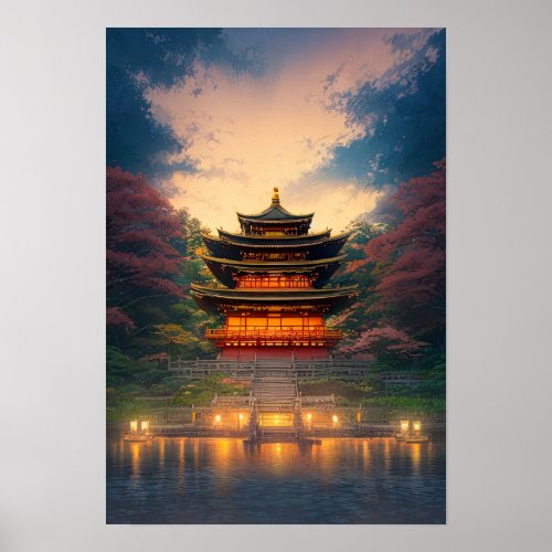 An Enchanting Japanese Temple at Sunset Poster