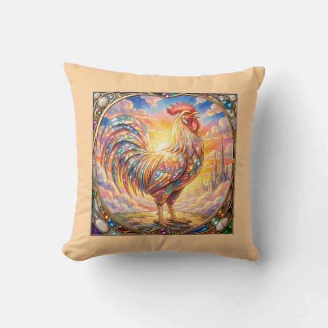 An ethereal rooster throw pillow (Front)