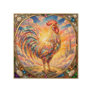 An ethereal rooster wood wall art