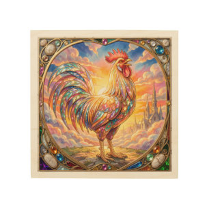 An ethereal rooster wood wall art