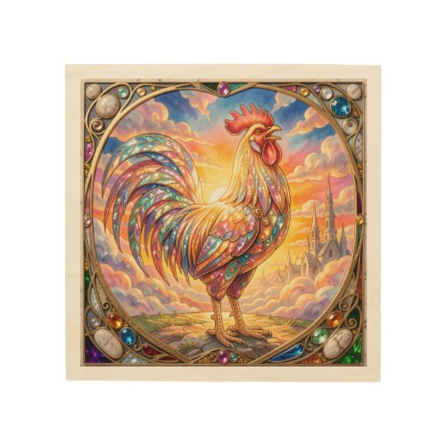 An ethereal rooster wood wall art