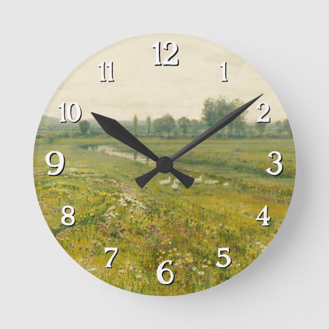 An Extensive Meadow Landscape with Geese Round Clock (Front)