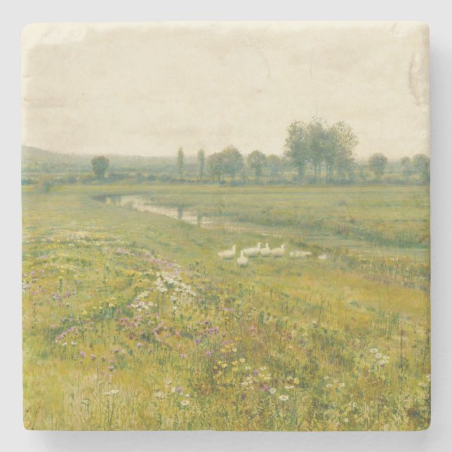 An Extensive Meadow Landscape with Geese Stone Coaster (Front)
