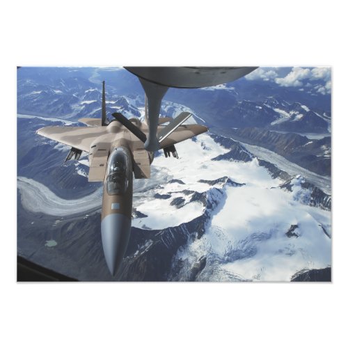 An F_15C Eagle aircraft sits behind a KC_135R Photo Print
