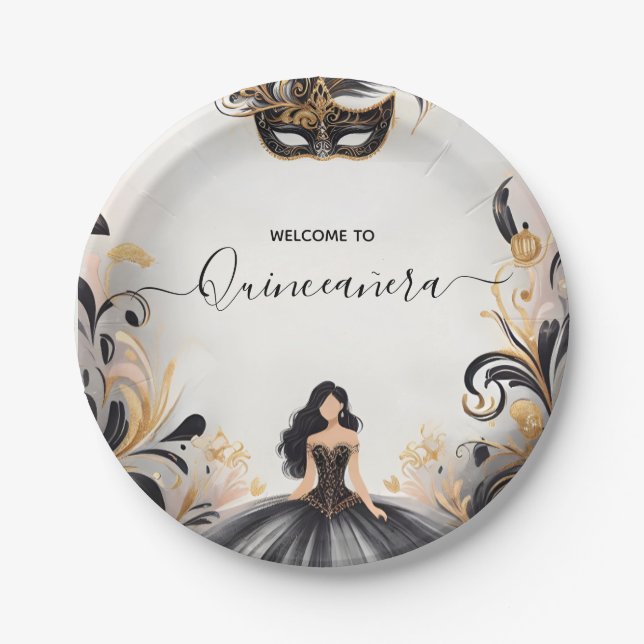 An Fancy Prom Mask Fun Masquerade Ball Quinceanera Paper Plates (Front)