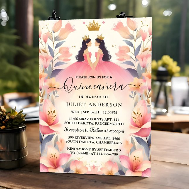 An Fun Joy Lily Twin Dual Joint Double Quinceanera Invitation (Creator Uploaded)