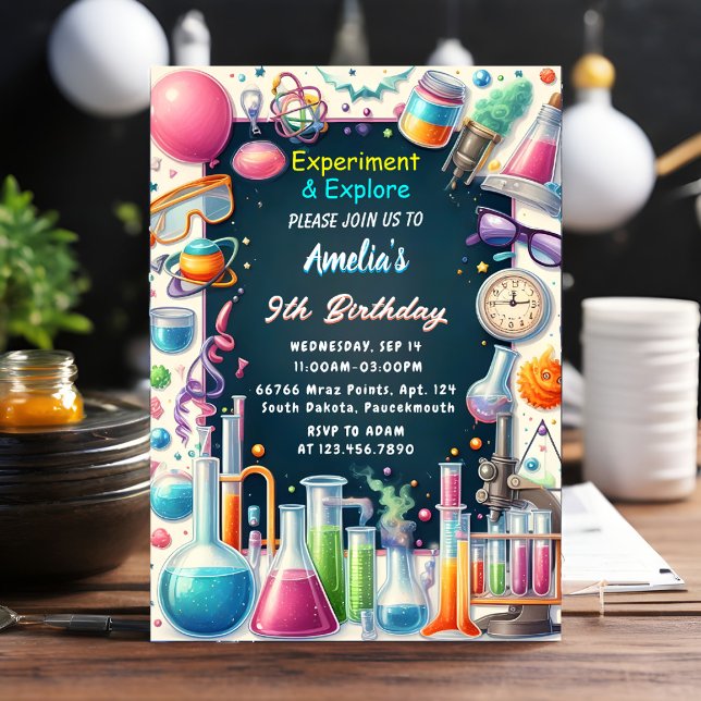 An Fun Lab Kids Geek Nerd Mad Science 9th Birthday Invitation (Creator Uploaded)