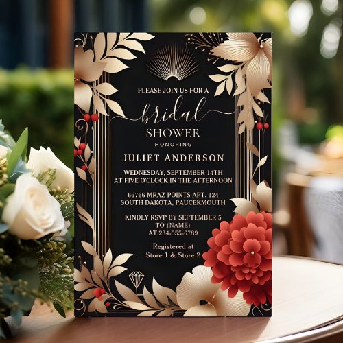 An Garden Diamond Red Black And Gold Bridal Shower Foil Invitation