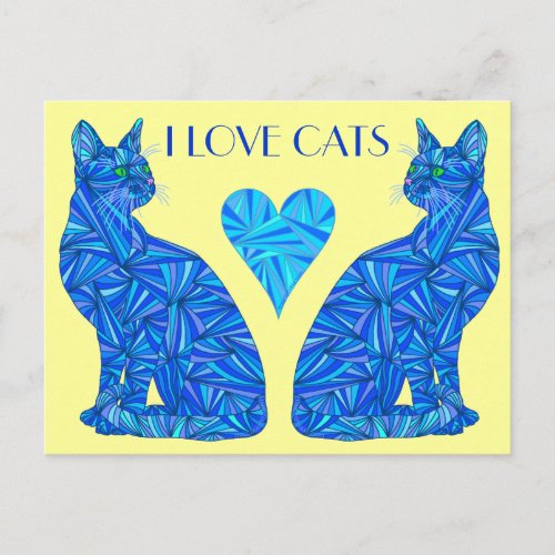 An I Love Cats Blue Abstract Sitting Cat Postcard
