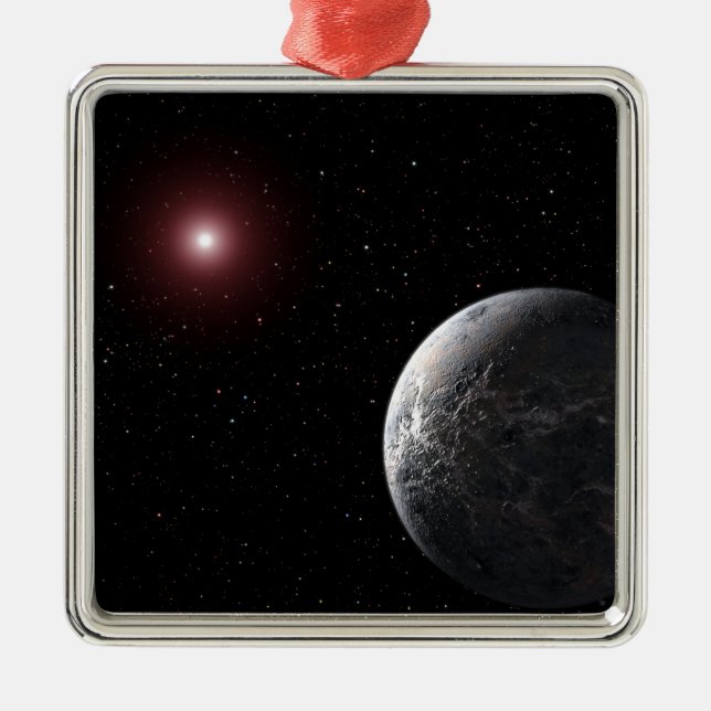 An icy/rocky planet orbiting a dim star metal ornament (Front)