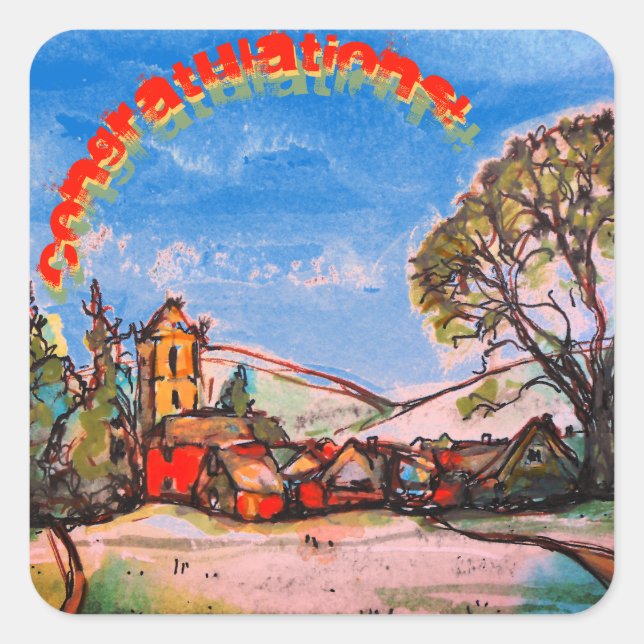 An Idyllic British Village & Rainbow Text  Square Sticker (Front)