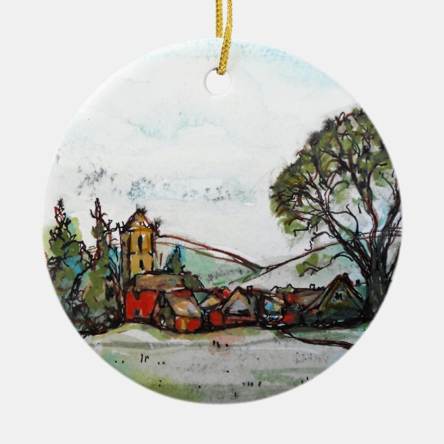 An Idyllic British Village sketch Ceramic Ornament (Front)