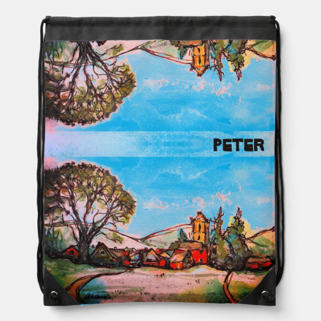 An Idyllic British Village sketch & Name Drawstring Bag (Front)