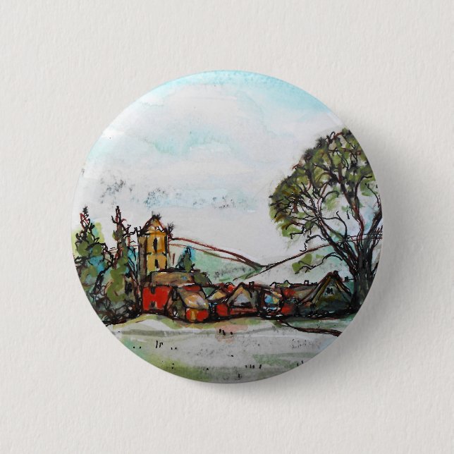 An Idyllic British Village sketch Pinback Button (Front)
