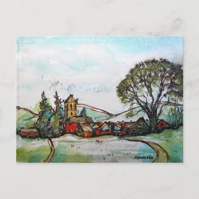 An Idyllic British Village sketch Postcard (Front)