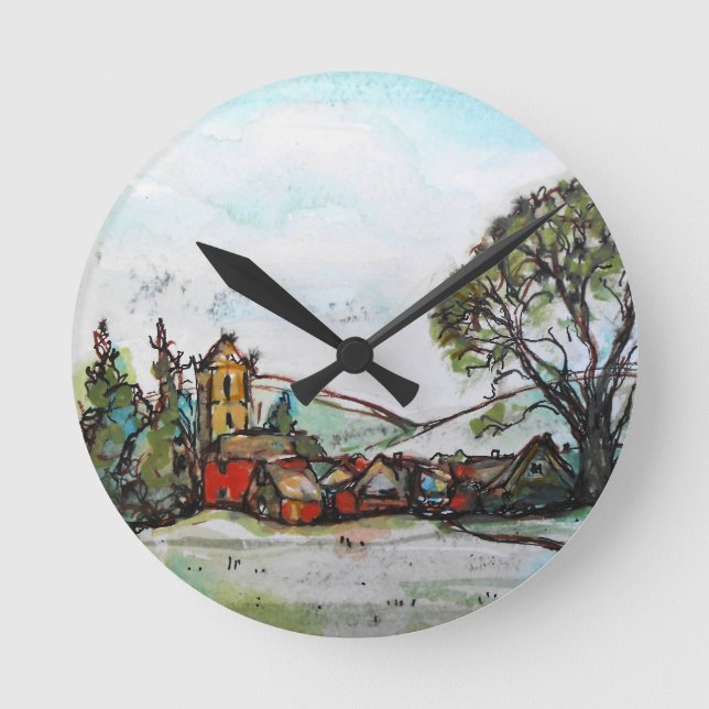 An Idyllic British Village sketch Round Clock (Front)