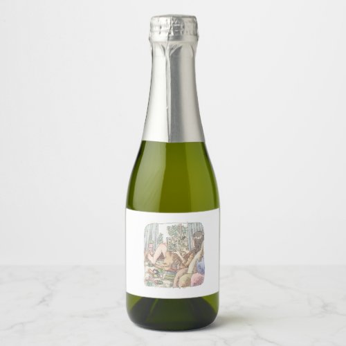 an illustration of a barefoot woman lying in a win sparkling wine label