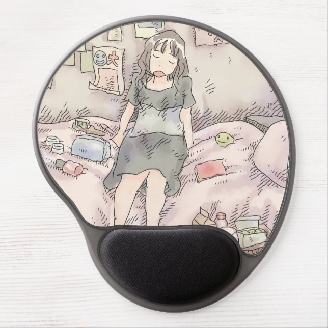 an illustration of a barefoot woman sitting on a p gel mouse pad (Front)