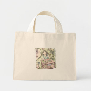 an illustration of a woman clearing a shelf with m mini tote bag