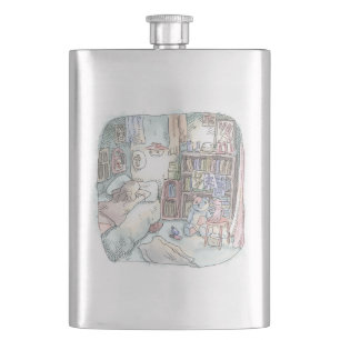 an illustration of a woman lying at her bedside wi flask