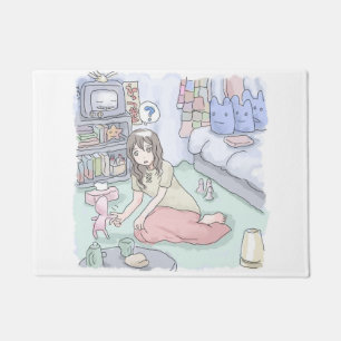an illustration of a woman sitting in a bedroom wi doormat