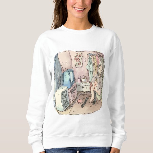 an illustration of a woman sitting in a chair in a sweatshirt (Front)