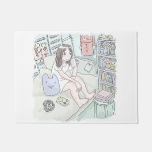 an illustration of a woman sitting on a bed in a w doormat