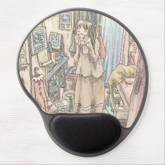An illustration of a woman standing in a brown roo gel mouse pad