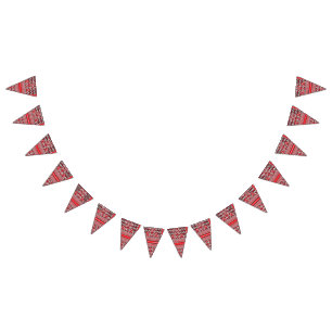 An image of fabric in red and black, highlighting bunting flags