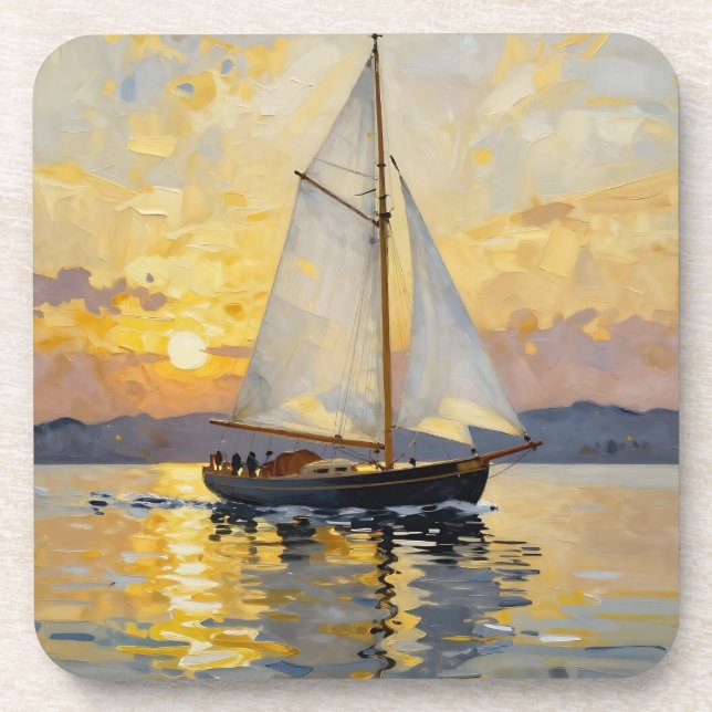 An Impasto Illustration of a Sailboat at Sunset Beverage Coaster (Front)