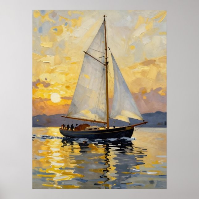 An Impasto Illustration of a Sailboat at Sunset Poster (Front)