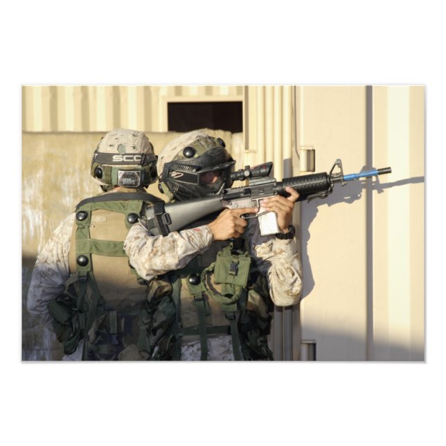 An infantry scout aims his weapon photo print (Front)