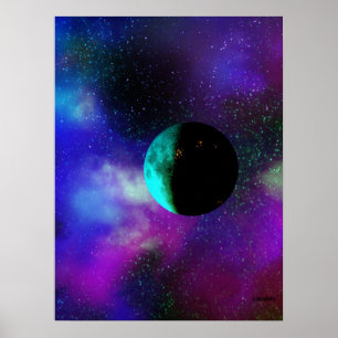 An inhabited moon among purple green stars nebulae poster