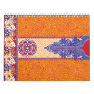 An intricate orange and blue paisley pattern frame calendar
