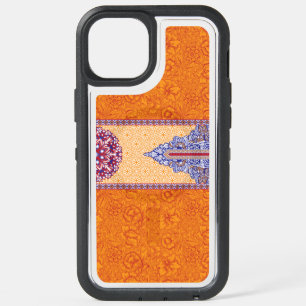 An intricate orange and blue paisley pattern frame iPhone 15 plus case