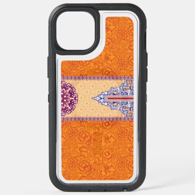 An intricate orange and blue paisley pattern frame iPhone 15 plus case (Back)