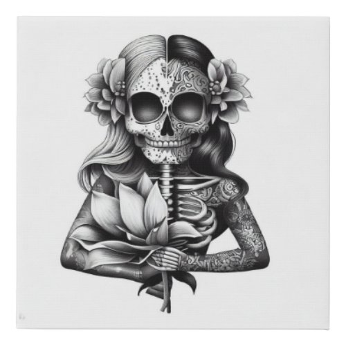 An intricate tattoo design featuring a skull girl  faux canvas print