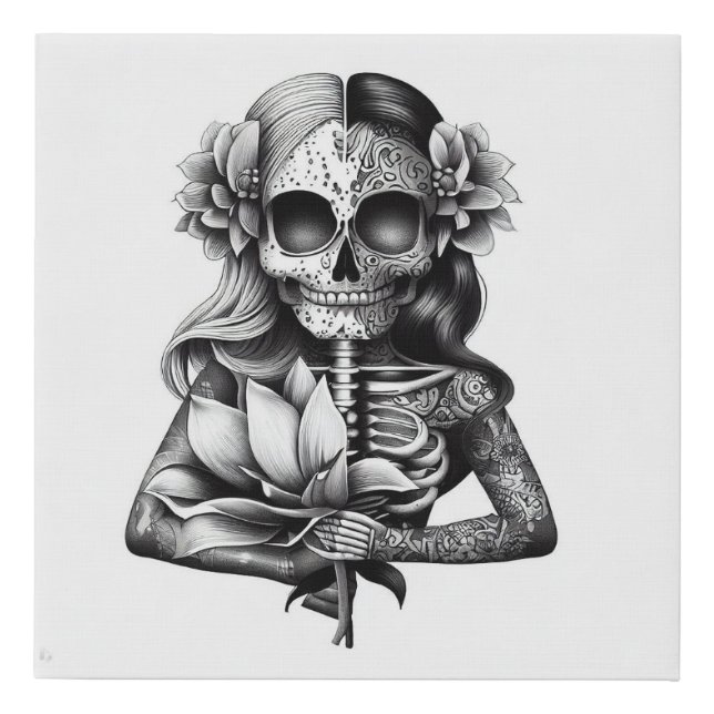 An intricate tattoo design featuring a skull girl  faux canvas print (Front)