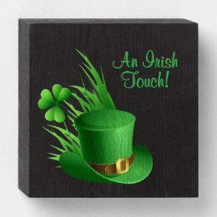 An Irish Touch Leprechaun Clove Hat in Grass Wooden Box Sign