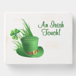 An Irish Touch Leprechaun Clove Hat in Grass Wooden Box Sign