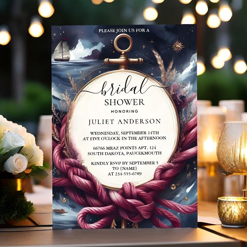 An Knot Boat Ship Navy Blue Nautical Bridal Shower Invitation