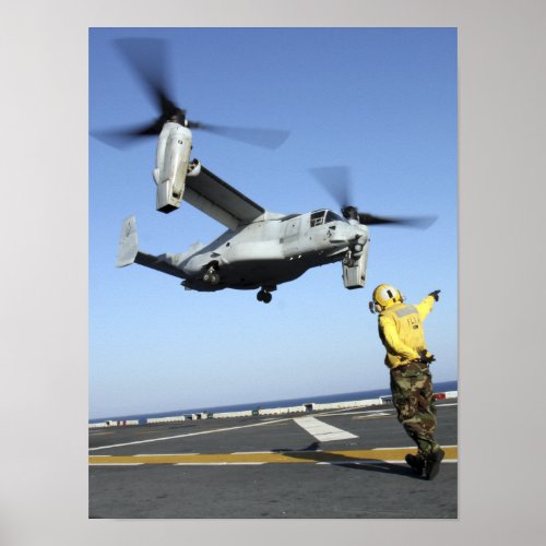 An MV_22 Osprey launches from the USS Nassau Poster