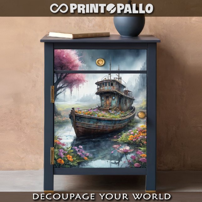 An old fishing boat abandoned in a blooming swamp  tissue paper (Creator Uploaded)