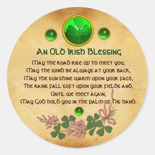 An Old Irish Blessing Parchment Flowers and Gems Classic Round Sticker