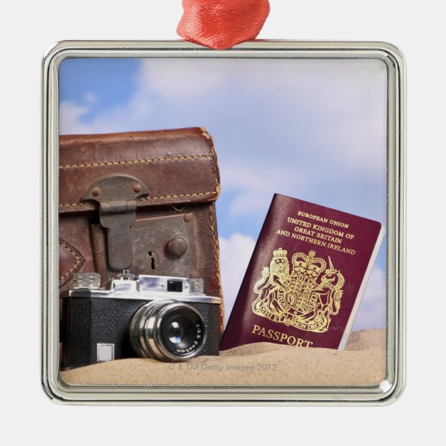 An old leather suitcase, retro camera and metal ornament (Front)