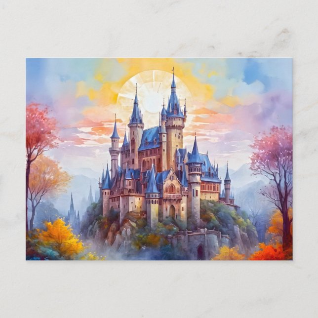 An old magical castle in the morning mist postcard (Front)