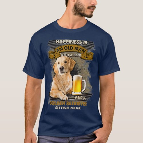 An Old Man With Beer And Golden Retriever Near T_Shirt