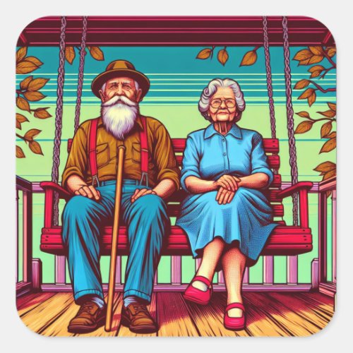 An Old Stoic Couple sitting on a Porch Swing Square Sticker